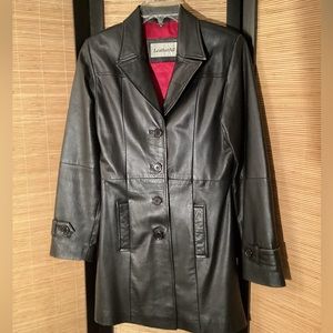 Vintage Leather jacket Sz M black trench coat women’s long blazer